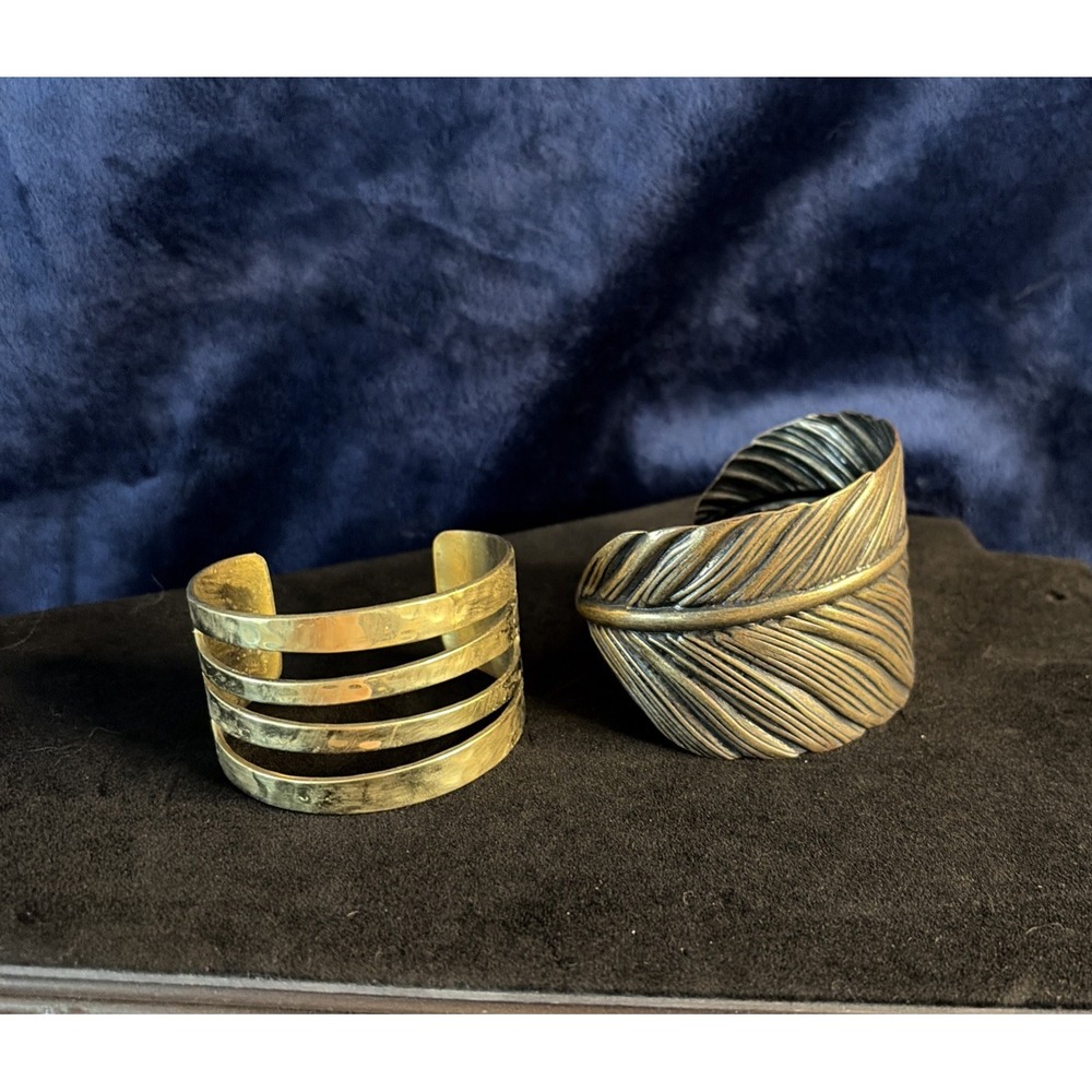 Rustic Cuff Gold Tone Multi-Band Cutout Cuff & Textured Leaf Bangle Sold As Pair - Picture 1 of 13
